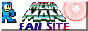 A crusty looking button featuring a squished version of MegaMan's sprite from the NES MegaMan series to the top-left, a faded red spark effect to te right, and the MEGA MAN logo in the middle, with under it the text:'fan site'.